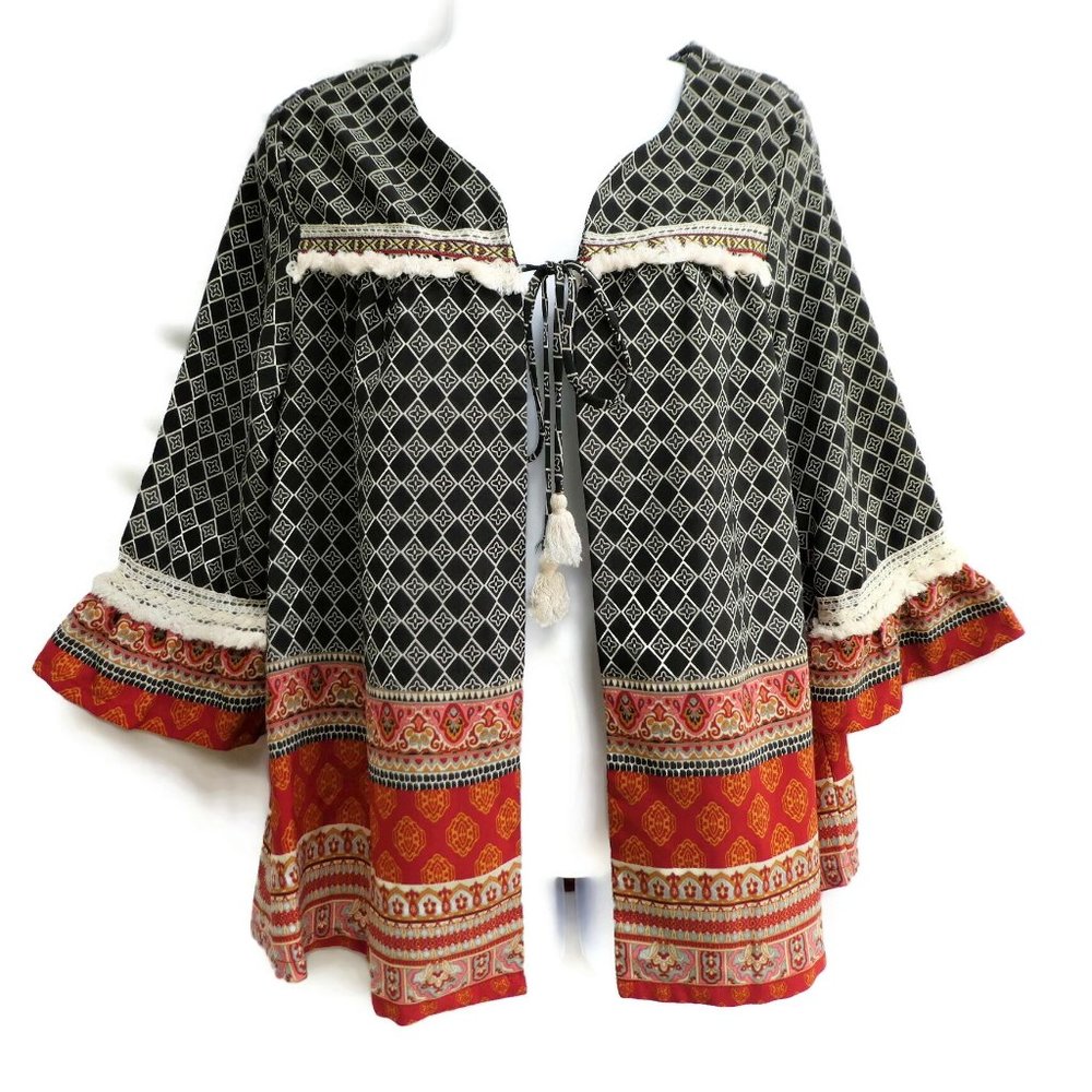 Xhilaration Peasant Kimono Caftan Open Front Tie Ruffled Sleeve Tassels Mixed M - Picture 2 of 5